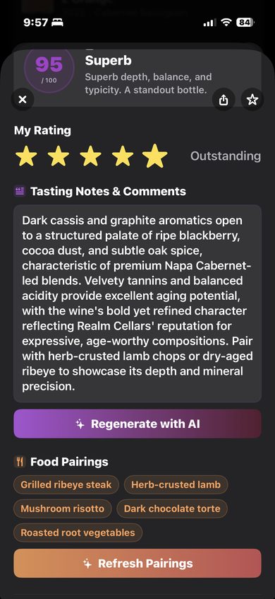 CellarVision AI-generated wine tasting notes and food pairing suggestions for a Napa Valley Cabernet