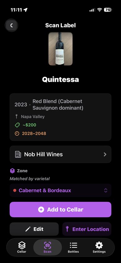 CellarVision AI wine label scanner identifying bottle details from a photo — producer, vintage, varietal, region, and estimated value