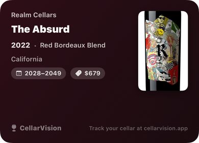 CellarVision bottle share card showing wine details, label photo, vintage, value, and drink window for social sharing