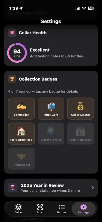 CellarVision collector milestones showing earned badges, cellar health score, and achievement progress