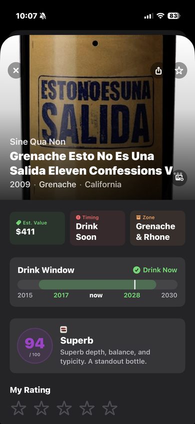 CellarVision drink window tracking showing Drink Soon, In Window, and Aging timing badges for wine bottles