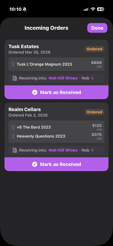 CellarVision email order ingestion showing pending wine orders parsed from forwarded winery confirmation emails