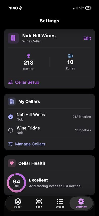 CellarVision multiple wine cellar management showing separate locations with bottle counts and zone configurations