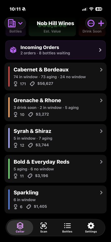 CellarVision smart wine organization with flavor-based zones — Cabernet, Grenache, Syrah, Sparkling, and more