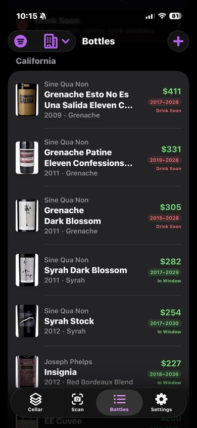 CellarVision wine bottle inventory list with label images, market values, and drink window badges