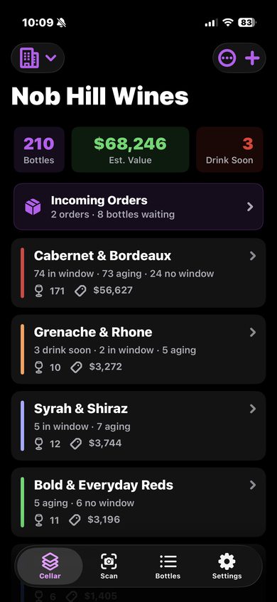 CellarVision wine collection value dashboard showing total cellar worth, bottle counts, and zone breakdown