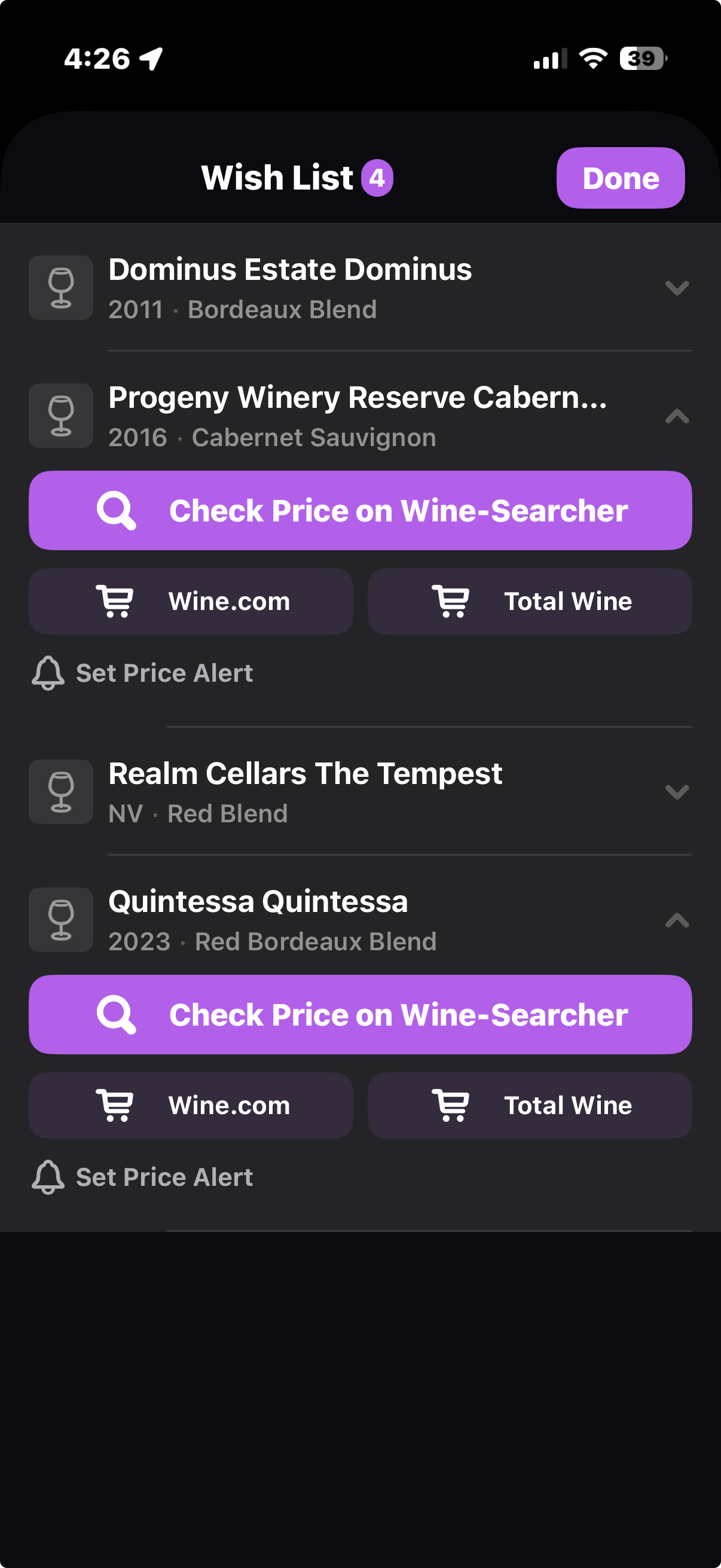 CellarVision wish list with price comparison links to Wine-Searcher, Wine.com, and Total Wine